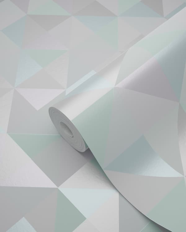Origin Wallcoverings tapet trekanter pastellilla, mintgrønt, skinnende sølvgråt og pastelblåt 53 cm x 10,05 m