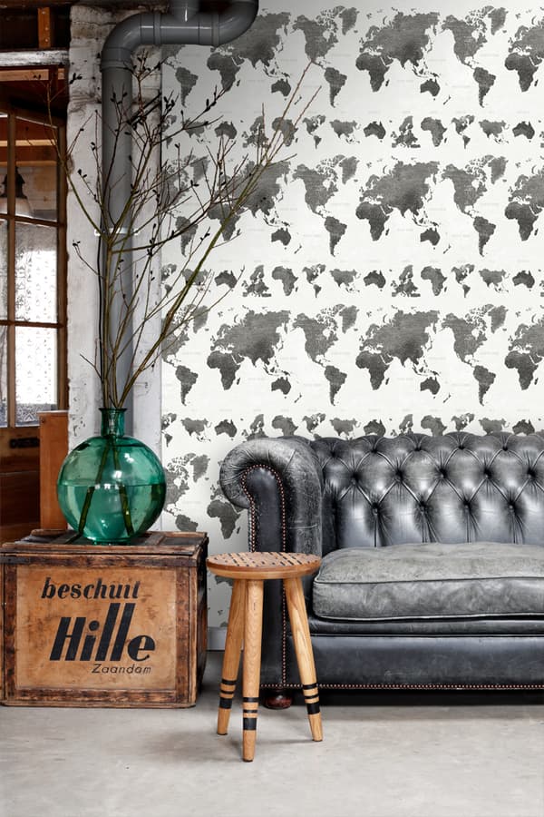 ESTAhome tapet vintage verdenskort mørkegråt 0,53 x 10,05 m
