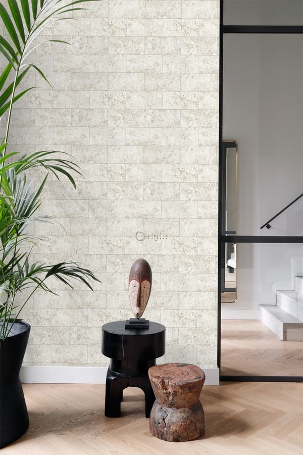 Origin Wallcoverings tapet kalksten i halvstensmur beige 53 cm x 10,05 m