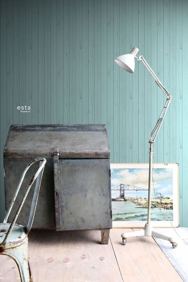 ESTAhome tapet träplankor från återanvänt träskräp grånat havsgrönt 53 cm x 10,05 m