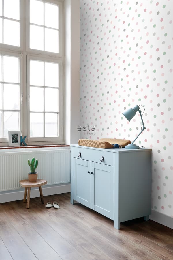 ESTAhome tapet prickar rosa, grönt och grått 0,53 x 10,05 m