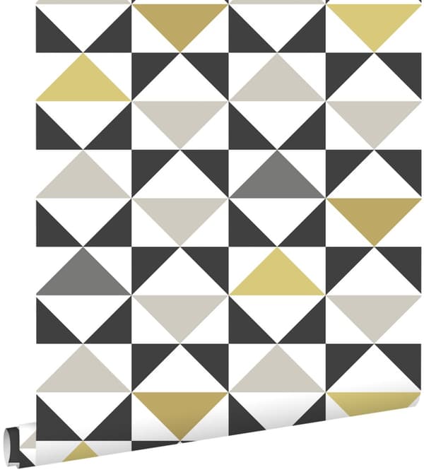 ESTAhome tapet grafiska trianglar vitt, svart, grått och ockra 0,53 x 10,05 m