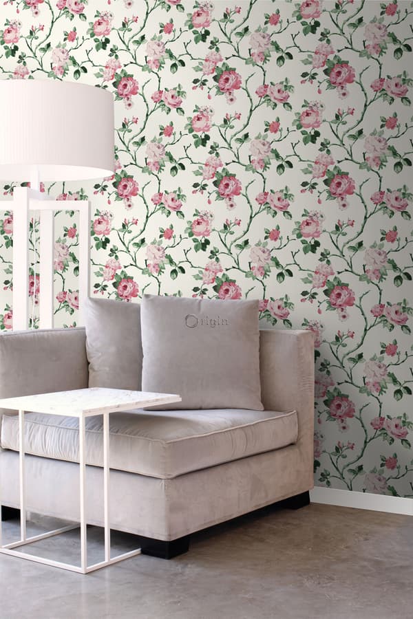 Origin Wallcoverings tapet blomster cremehvid, lyserødt og grønt 53 cm x 10,05 m