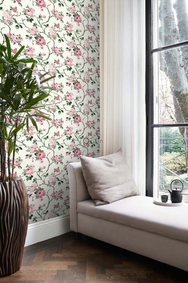 Origin Wallcoverings tapet blomster cremehvid, lyserødt og grønt 53 cm x 10,05 m