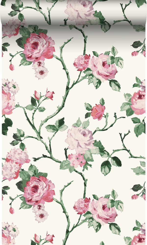 Origin Wallcoverings tapet blomster cremehvid, lyserødt og grønt 53 cm x 10,05 m