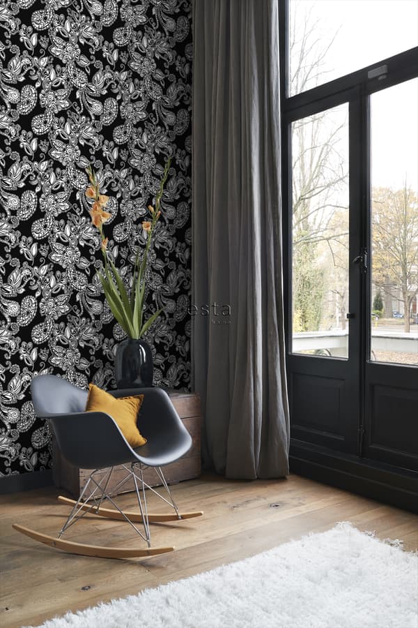 ESTAhome tapet poppiga blommor och paisleymönster svart och vitt 53 cm x 10,05 m
