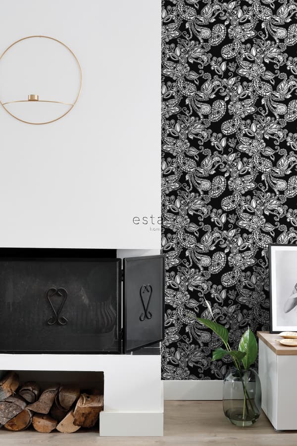 ESTAhome tapet poppiga blommor och paisleymönster svart och vitt 53 cm x 10,05 m