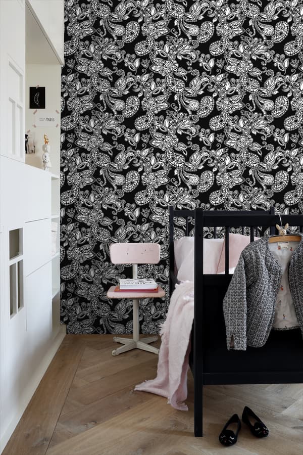 ESTAhome tapet poppiga blommor och paisleymönster svart och vitt 53 cm x 10,05 m