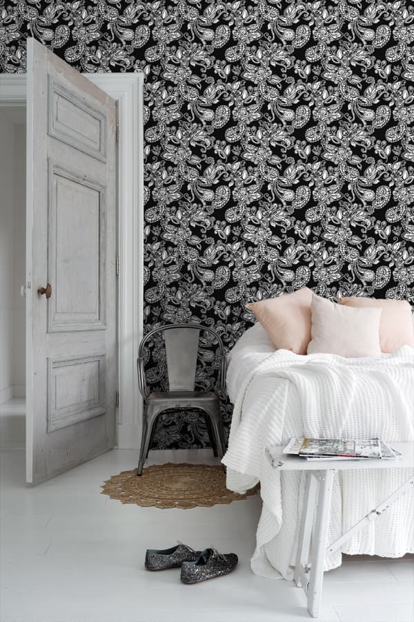 ESTAhome tapet poppiga blommor och paisleymönster svart och vitt 53 cm x 10,05 m