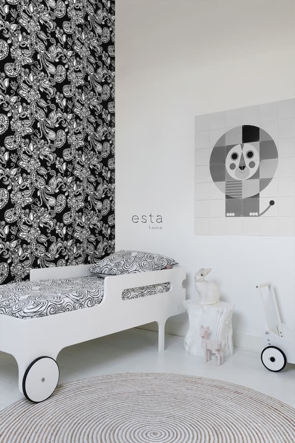 ESTAhome tapet poppiga blommor och paisleymönster svart och vitt 53 cm x 10,05 m
