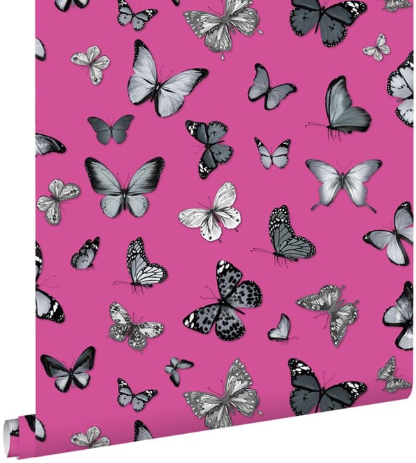 ESTAhome tapet fjärilar svart och rosa 53 cm x 10,05 m