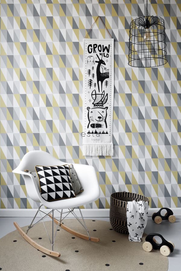 ESTAhome tapet grafiske trekanter okkergult og gråt 53 cm x 10,05 m