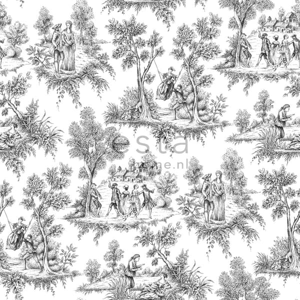 ESTAhome tapet toile de Jouy svart 53 cm x 10,05 m