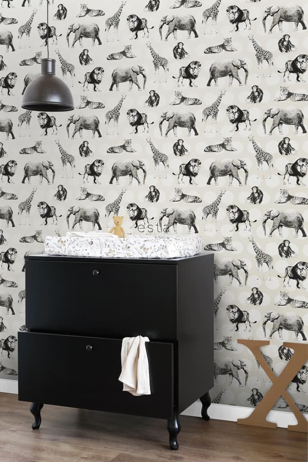 ESTAhome tapet dyr på store prikker skinnende hvid og sort 53 cm x 10,05 m