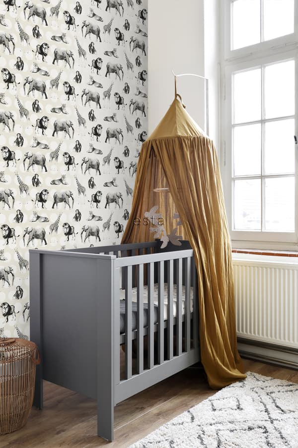 ESTAhome tapet dyr på store prikker skinnende hvid og sort 53 cm x 10,05 m
