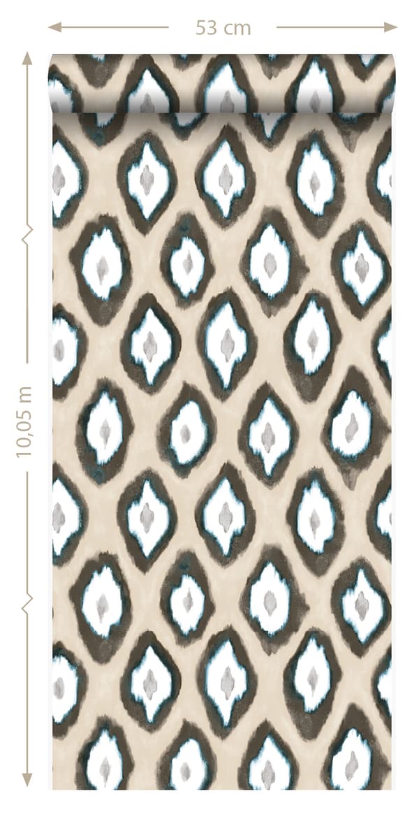Origin Wallcoverings tapet Ikat beige og turkis 53 cm x 10,05 m