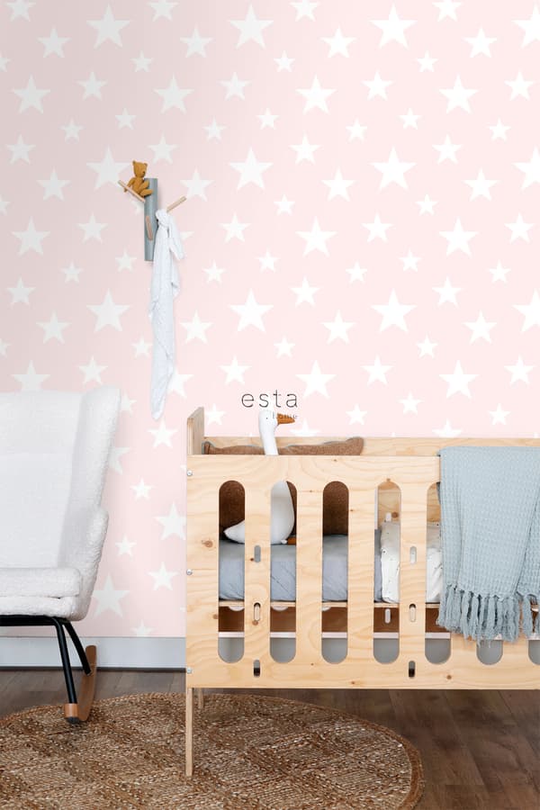 ESTAhome tapet stora och små stjärnor ljusrosa och vitt 53 cm x 10,05 m