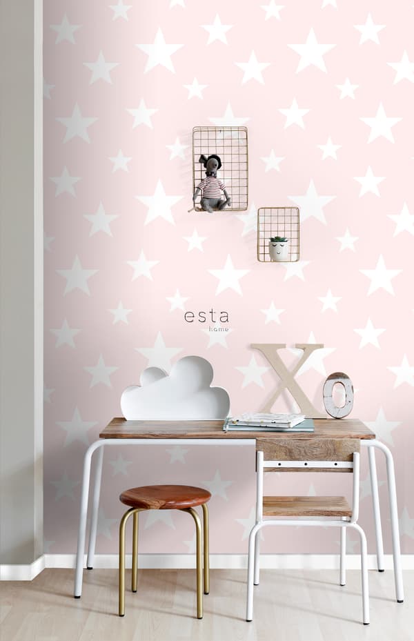 ESTAhome tapet stora och små stjärnor ljusrosa och vitt 53 cm x 10,05 m