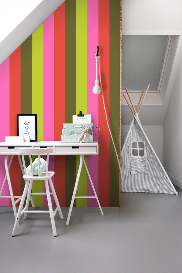 ESTAhome tapet ränder limegrönt och rosa 53 cm x 10,05 m