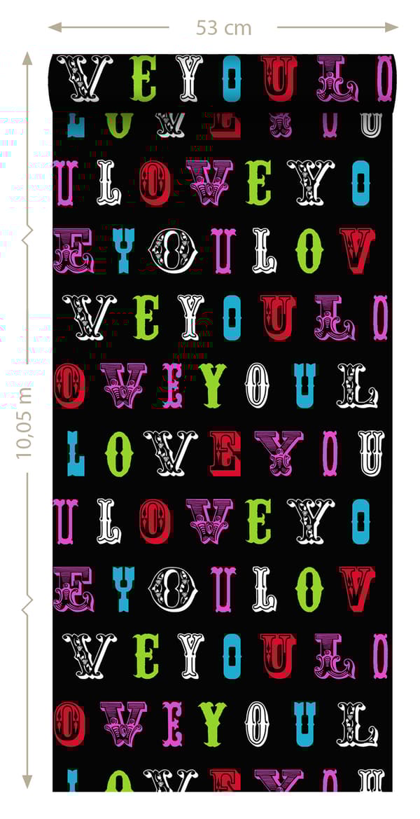 ESTAhome tapet love you - citat mångfärgat på svart 53 cm x 10,05 m