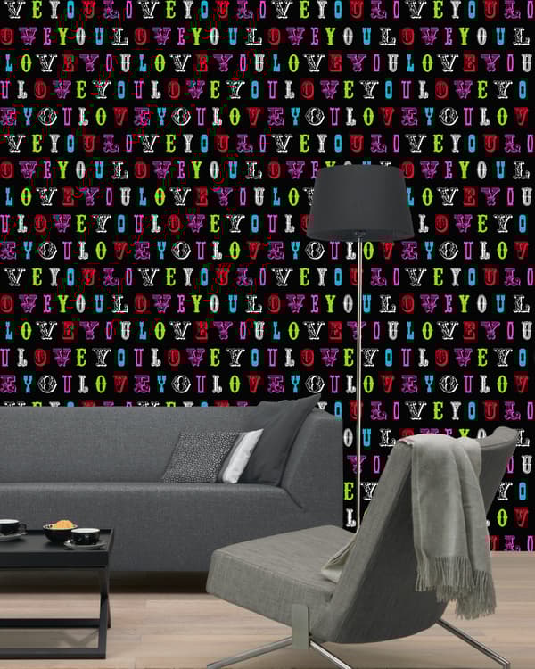 ESTAhome tapet love you - citat mångfärgat på svart 53 cm x 10,05 m