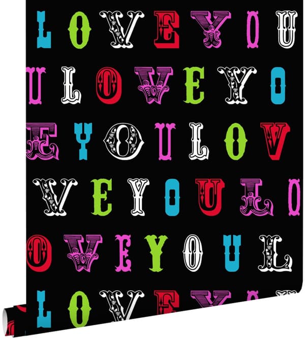 ESTAhome tapet love you - citat mångfärgat på svart 53 cm x 10,05 m