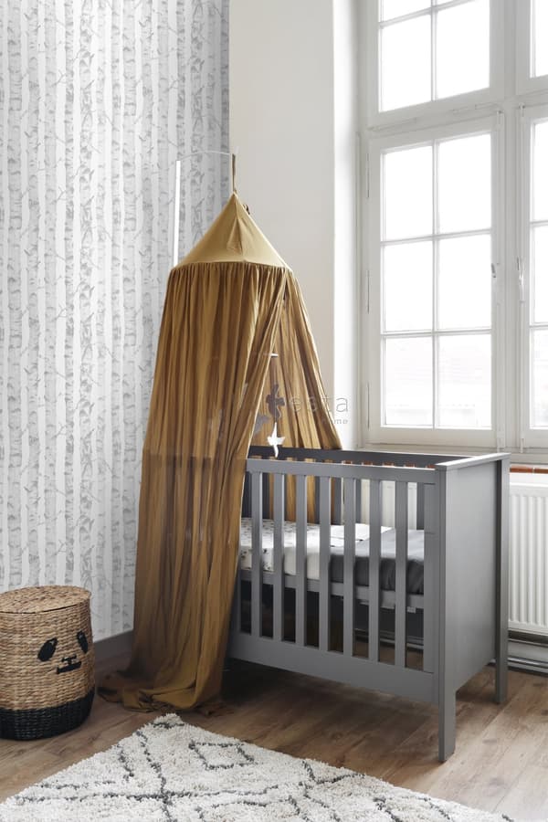 ESTAhome tapet birkestammer sølv og hvidt 53 cm x 10,05 m