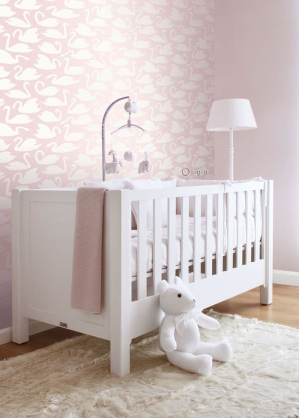 Origin Wallcoverings tapet svanar glänsande rosa och vitt 0,53 x 10,05 m