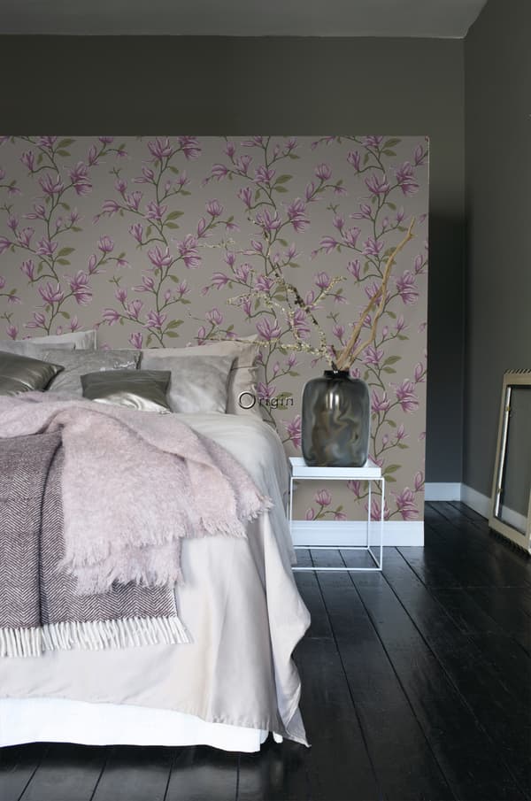 Origin Wallcoverings tapet magnolia mullvadsgrått och aubergine 53 cm x 10,05 m