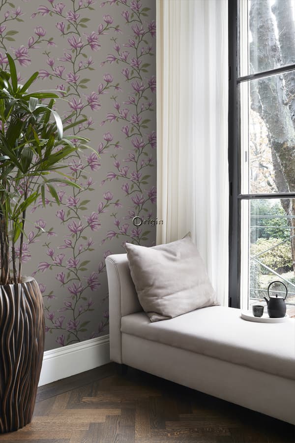 Origin Wallcoverings tapet magnolia mullvadsgrått och aubergine 53 cm x 10,05 m