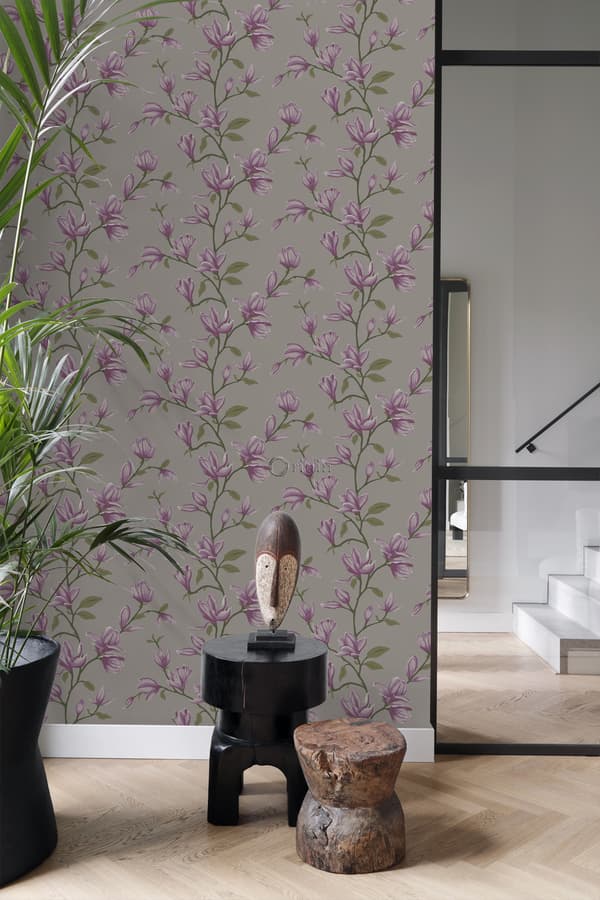 Origin Wallcoverings tapet magnolia mullvadsgrått och aubergine 53 cm x 10,05 m