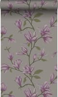 Miniatyrbild 1 av 8: Origin Wallcoverings tapet magnolia mullvadsgrått och aubergine 53 cm x 10,05 m