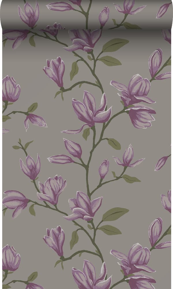 Origin Wallcoverings tapet magnolia mullvadsgrått och aubergine 53 cm x 10,05 m