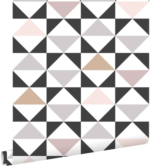 ESTAhome tapet grafiska trianglar vitt, svart, varmt grått och antikrosa 0,53 x 10,05 m