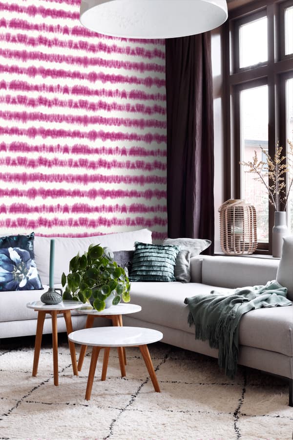 ESTAhome tapet horisontella shibori batikränder intensivt fuchsiarosa och matt vitt 53 cm x 10,05 m