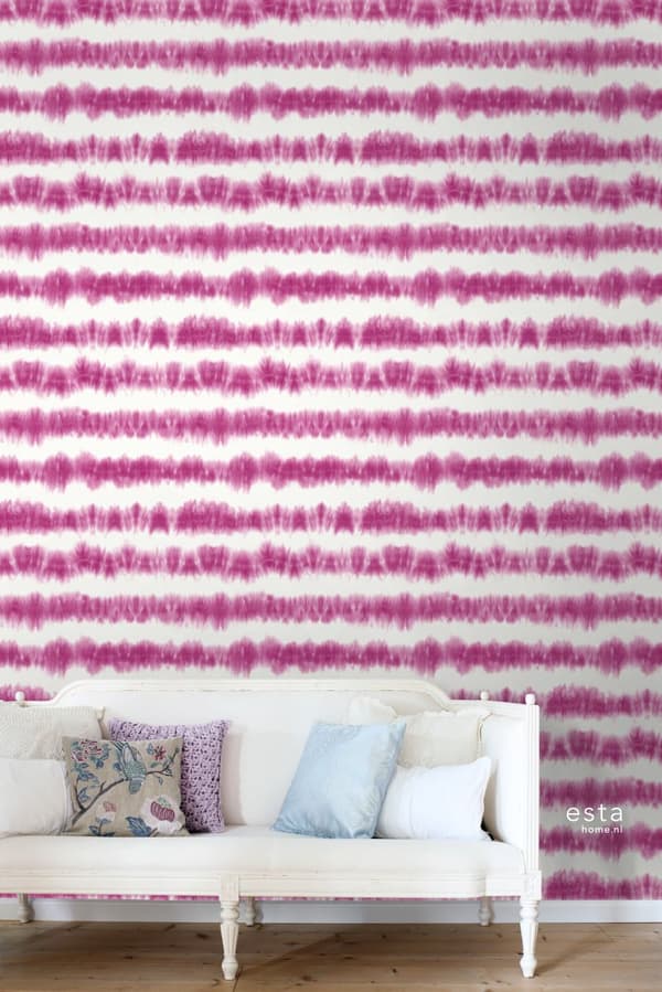 ESTAhome tapet horisontella shibori batikränder intensivt fuchsiarosa och matt vitt 53 cm x 10,05 m