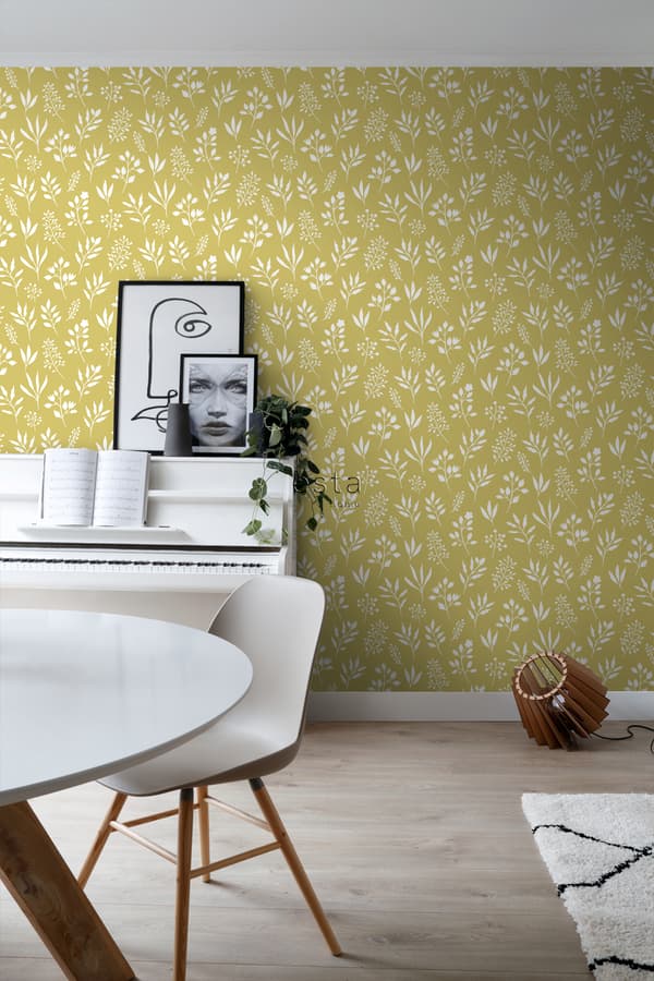 ESTAhome tapet blomstermønster i skandinavisk stil okkergult 0,53 x 10,05 m