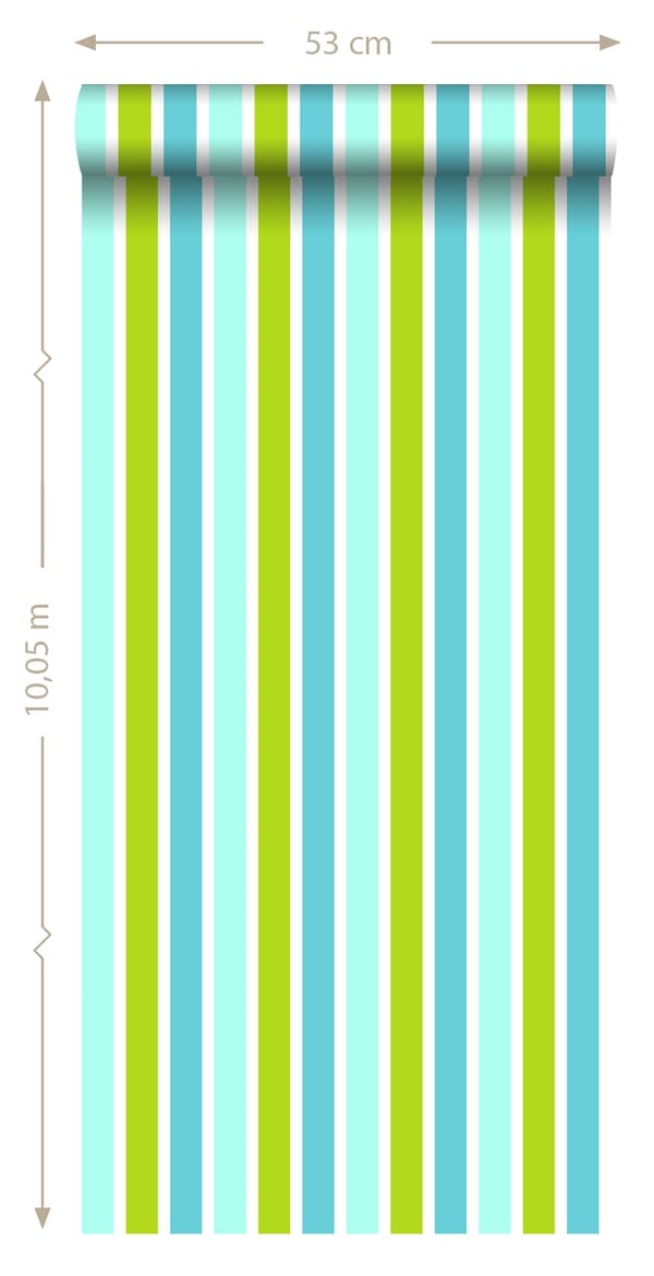 ESTAhome tapet vertikala ränder turkost, limegrönt och vitt 53 cm x 10,05 m