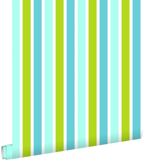 ESTAhome tapet vertikala ränder turkost, limegrönt och vitt 53 cm x 10,05 m