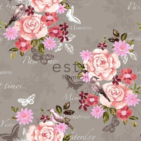 ESTAhome tapet blommor och fåglar sepiabrunt 53 cm x 10,05 m