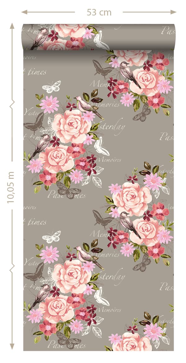 ESTAhome tapet blommor och fåglar sepiabrunt 53 cm x 10,05 m