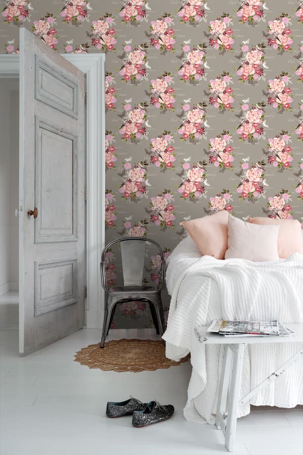 ESTAhome tapet blommor och fåglar sepiabrunt 53 cm x 10,05 m