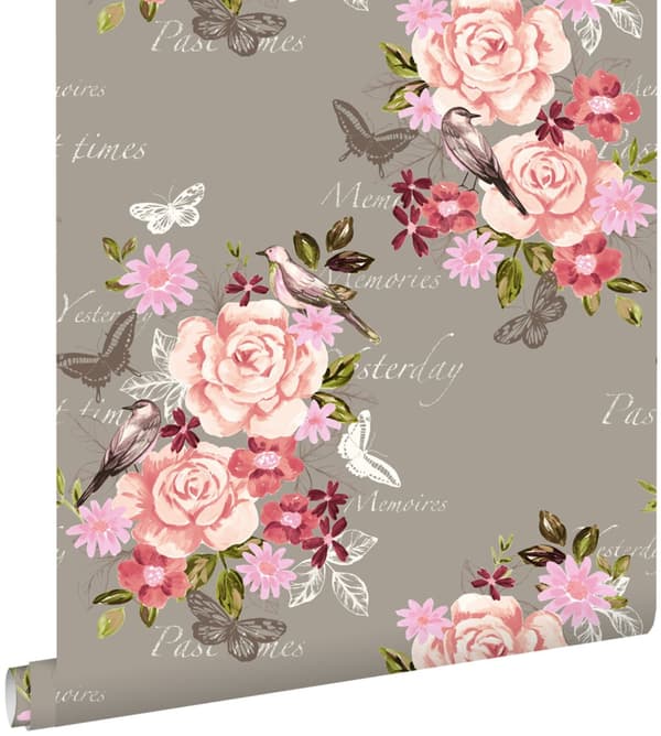 ESTAhome tapet blommor och fåglar sepiabrunt 53 cm x 10,05 m