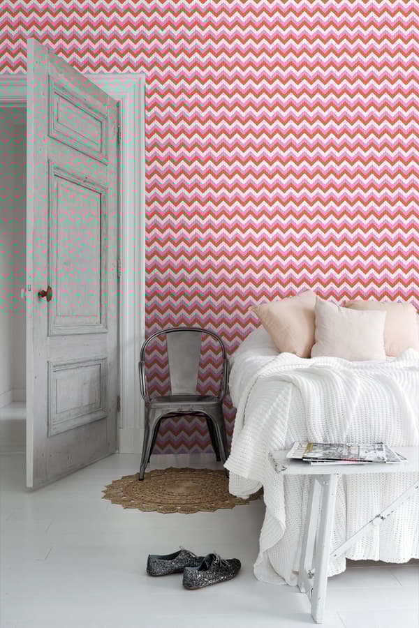 ESTAhome tapet zig-zag-motiv koralrødt og lyserødt 53 cm x 10,05 m