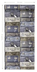 Miniatyrbillede 8 af 8: ESTAhome tapet vintage rejsetasker blåt og brunt 53 cm x 10,05 m