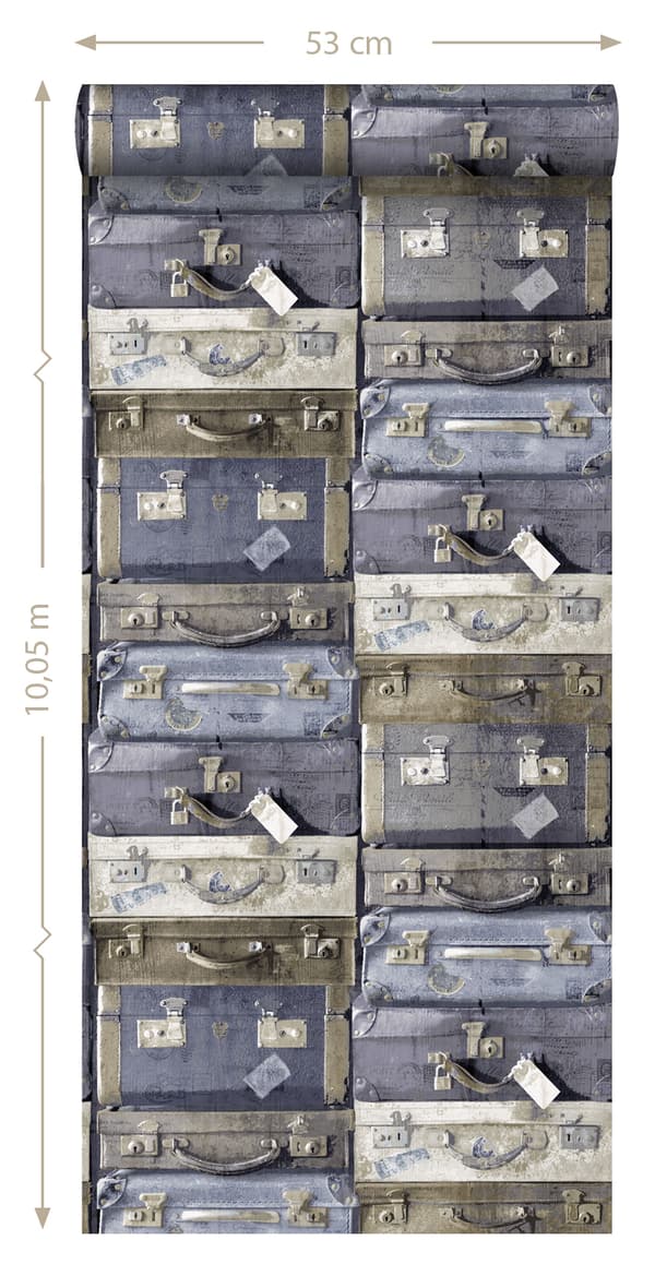ESTAhome tapet vintage rejsetasker blåt og brunt 53 cm x 10,05 m