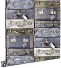 Miniatyrbillede 1 af 8: ESTAhome tapet vintage rejsetasker blåt og brunt 53 cm x 10,05 m