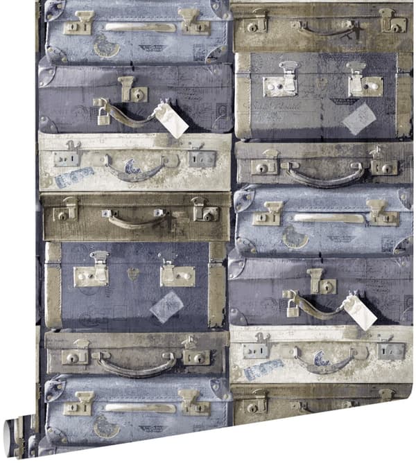 ESTAhome tapet vintage resväskor blått och brunt 53 cm x 10,05 m
