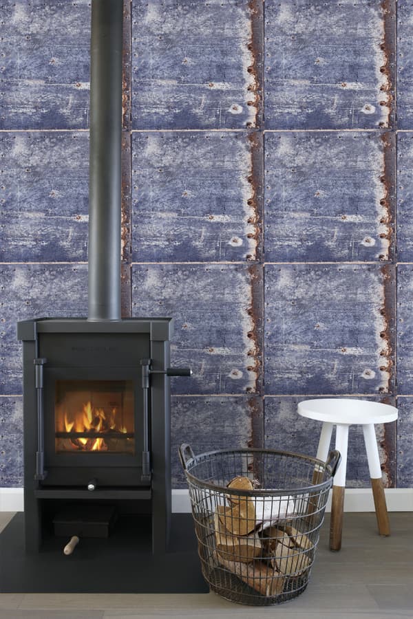 ESTAhome tapet metallplåtar blått och brunt 53 cm x 10,05 m