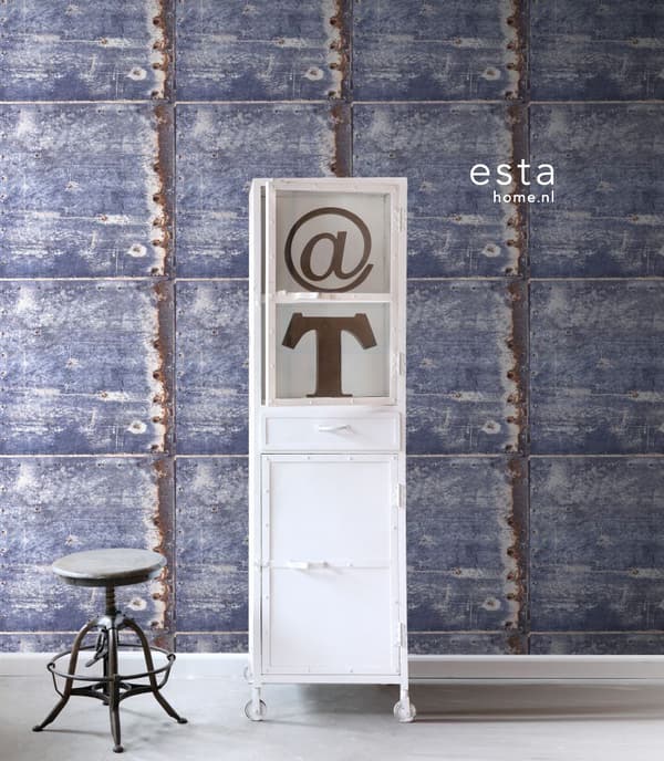 ESTAhome tapet metallplåtar blått och brunt 53 cm x 10,05 m